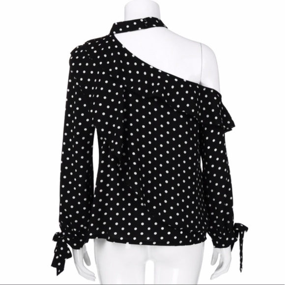 One Shoulder Polka Dot Choker Ruffle Top - Picture 4 of 5